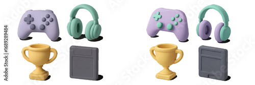3D video game icon set with pastel colored gamepad controller, headphones, winner trophy, and retro game cartridge