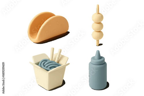 Minimalist 3D style food icons set with taco, noodles in a takeout box, dango skewer, and sauce bottle isolated on a white background