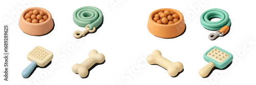 3D pet care accessories icon set with dog food bowl, leash, grooming brush, and bone toy isolated on a white background