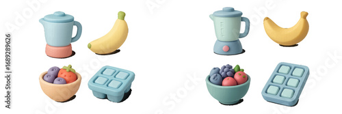 Set of smoothie making icons with blender, banana, bowl of berries, and ice cube tray in a cute pastel color palette