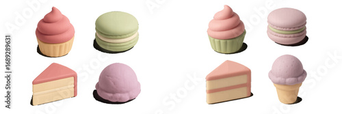 A collection of cute pastel desserts including cupcakes, macarons, cake slices, and ice cream cones isolated on a white background