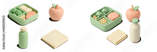 Isometric set of healthy school lunch items with bento box, apple, bottle, and sandwich on a white background