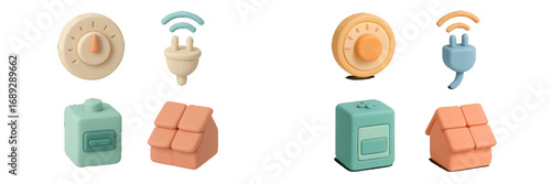 3D smart home icon set with thermostat, wireless plug, light switch, and house symbols for home automation and electricity control technology