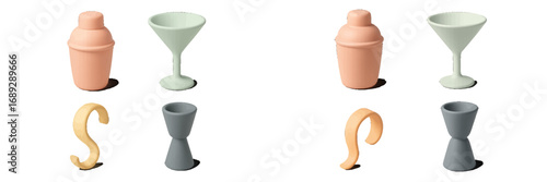 Set of minimalist 3D bar tools for mixology including a cocktail shaker, martini glass, jigger, and citrus peel garnish on a white background