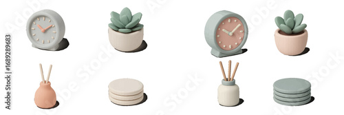 Set of minimalist home decor icons with alarm clock, succulent plant, reed diffuser, and coasters in pastel colors
