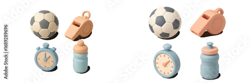 Isometric set of sports equipment including a soccer ball, whistle, stopwatch, and water bottle on a white background
