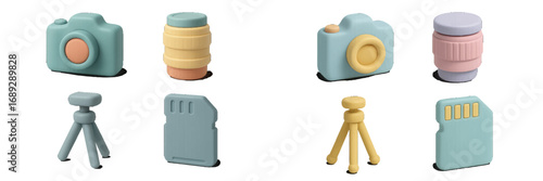 3D icon set of photography equipment including camera, lens, tripod, and memory card isolated on a white background