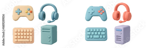 3D gaming icon set with pastel colored gamepad, headset with microphone, keyboard, and computer tower for user interface design