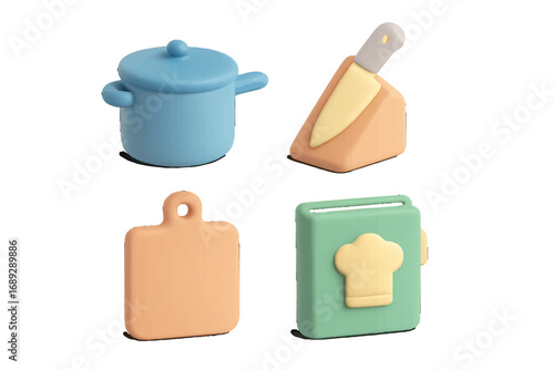 Set of 3D cooking icons with pot, knife block, cutting board, and cookbook for culinary and food preparation concepts