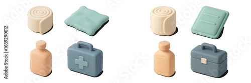 Isometric 3D medical icon set with first aid kit, bandage, bottle, and healthcare supplies on a white background