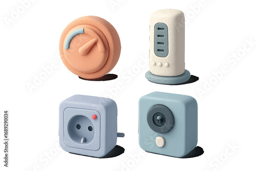Smart home technology icon set with thermostat, security camera, air purifier, and electrical socket in a minimalist 3D style
