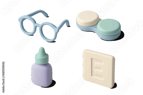 Isometric ophthalmology icon set with glasses, contact lens case, eye drops, and vision test chart for optometry and healthcare concepts
