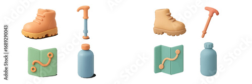Stylized hiking and trekking equipment icon set with boot, walking stick, map, and water bottle for outdoor adventure and travel