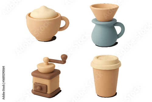 Minimalist 3D coffee icon collection with a cappuccino cup, manual grinder, pour-over dripper, and a to-go paper cup for cafe or beverage concepts