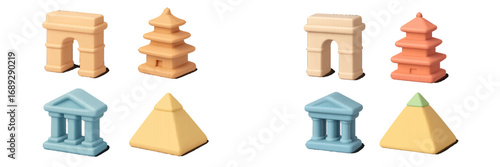 Set of 3D world landmark icons including triumphal arch, pagoda, classical temple, and pyramid in soft pastel colors isolated on a white background