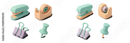 Set of 3D office supplies icons in pastel colors including a stapler, tape dispenser, binder clip, and push pin isolated on a white background