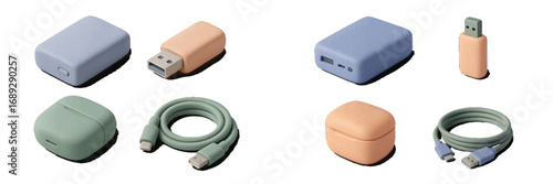Isometric set of modern electronic gadgets including power bank, USB flash drive, charging cable, and wireless earbud case on a white background