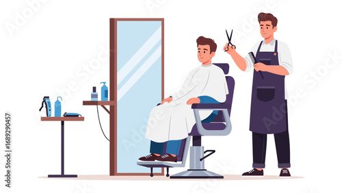 Professional barber in apron meticulously cutting client s hair with scissors in a modern salon setting