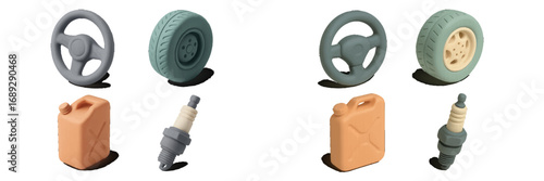 Set of car parts icons including steering wheel, tire, gas can, and spark plug for automotive service and maintenance concepts
