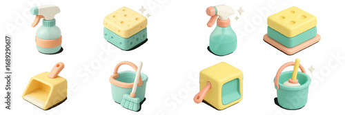 Isometric 3D cleaning supplies icon set with spray bottle, sponge, dustpan, and bucket on a white background