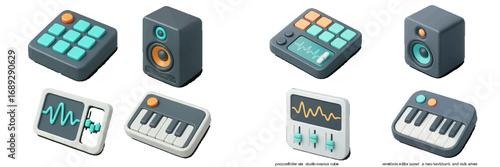Isometric 3D icon set of music production equipment including synthesizer, drum machine, studio monitor, and audio waveform editor