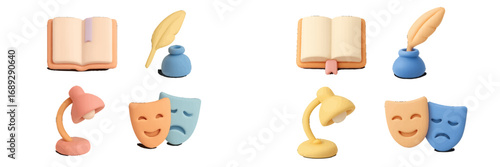 A collection of 3D style icons representing literature and theatre, featuring an open book, quill pen, inkwell, desk lamp, and comedy and tragedy masks isolated on a white background
