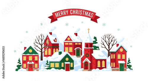 Festive Christmas village illustration with snow-covered houses, church, trees, and a "Merry Christmas" banner.