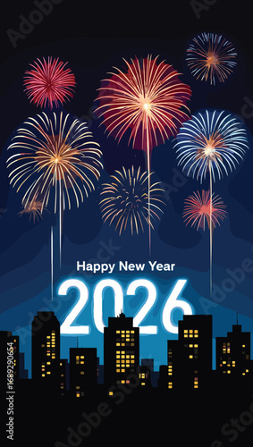 A festive New Year 2026 celebration banner featuring colorful fireworks exploding over a city at night