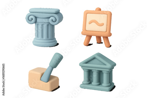 Minimalist 3D art and history icon collection with ancient Greek column, artist easel, sculpting chisel, and classical museum building