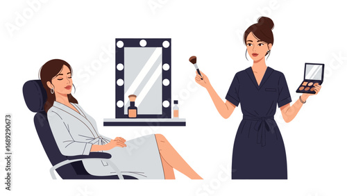 Professional makeup artist applying cosmetics to a relaxed client in a well lit vanity area