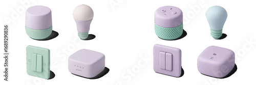 Isometric collection of smart home devices including speakers, light bulbs, and switches for home automation and IoT concepts