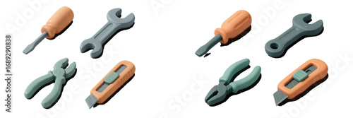 Isometric collection of repair and construction work tools including a screwdriver, wrench, pliers, and utility knife for DIY projects