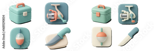 3D fishing equipment icon set with tackle box, fishing reel, bobber, and knife for outdoor hobby and recreation concepts