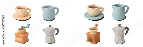 A 3D icon set of coffee making equipment including a moka pot, coffee grinder, cup, and milk pitcher isolated on a white background