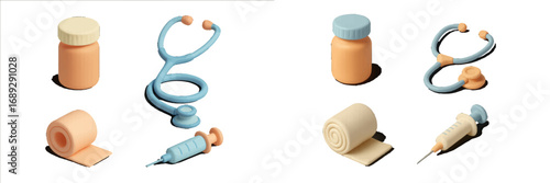 Isometric medical equipment collection with stethoscope, syringe, pill bottle, and bandage for healthcare and hospital services
