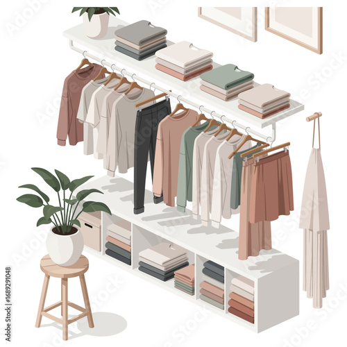 Minimalist Capsule Wardrobe Isometric Vector Illustration of a Closet with Essential Clothes and Accessories for Sustainable Fashion