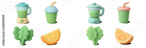 Minimalist 3D icon set with blender, smoothie cup, spinach, and orange slice for healthy eating, nutrition, and detox diet concepts