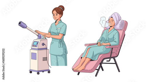 Skilled aesthetician administering facial steaming treatment to relaxed client in salon setting