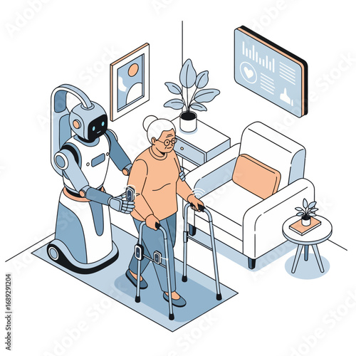 Robotic Elder Care Assistant Vector Illustration of a Robot Helping a Senior Woman with a Walker in an Isometric Home Setting
