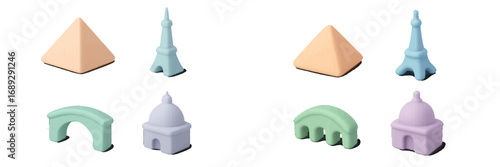 Collection of 3D isometric world landmark icons in soft pastel colors representing global travel and famous international architecture