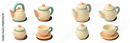 Cute pastel colored ceramic teapots, teacups, and sugar bowls for a tea party collection isolated on a white background
