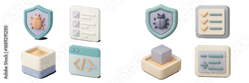 3D icon set for software development, cybersecurity, and project management with bug, checklist, code, and sandbox symbols