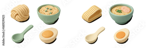 Cute claymation style ramen noodle icon set featuring Japanese food elements like bowls, spoons, and boiled eggs