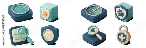 Isometric 3D icon collection for cybersecurity concepts including data privacy, antivirus software, and network protection symbols