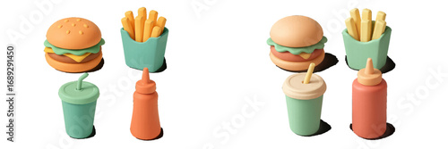 Minimalist 3D fast food meal set including a hamburger, french fries, soda drink, and ketchup bottle isolated on a white background