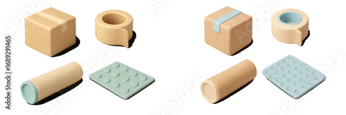 Isometric shipping and packaging supplies including cardboard box, parcel, packing tape, and bubble wrap for logistics and delivery