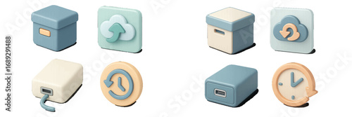 3D icon set for data storage, cloud computing, backup and restore, and time management concepts in a minimalist pastel style