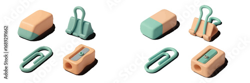 Isometric office supplies set in pastel colors with eraser, binder clip, paper clip, and pencil sharpener on a white background