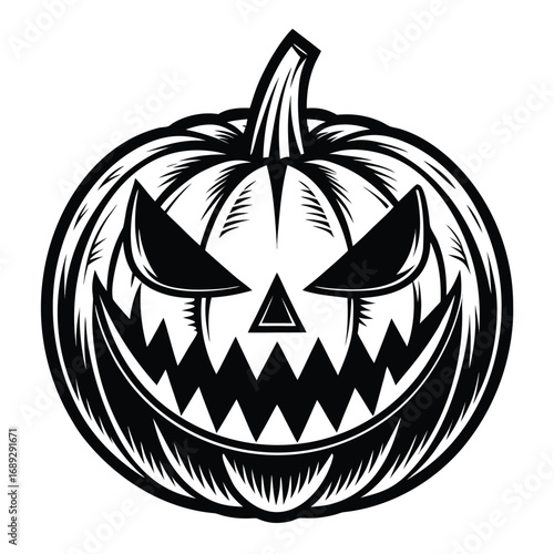 Black and white carved pumpkin with menacing face on white background Keywords: Halloween, pumpkin