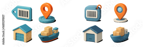 3D logistics and shipping icon set with warehouse, cargo ship, location pin, and barcode for delivery and tracking services